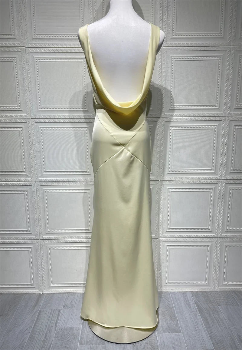 Light Yellow Cowl Neck Gown | Pleated Sleeveless Evening Dress