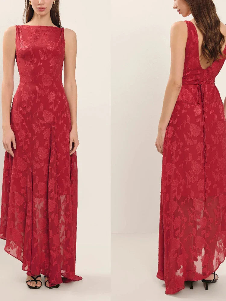 Open Back High Neck Red Printed Long Dress
