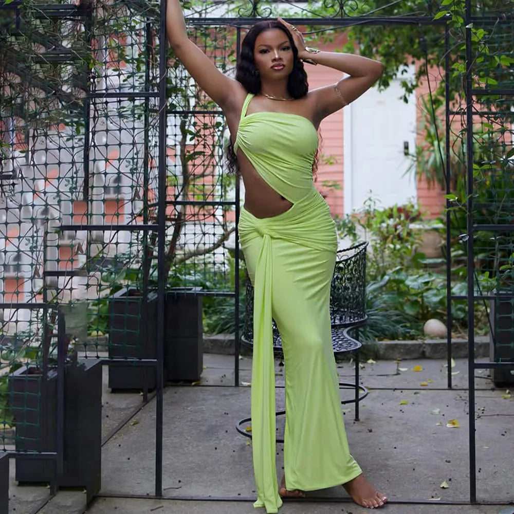 Neon Yellow Cut-Out Maxi Dress | Strapless Ruched Evening Look