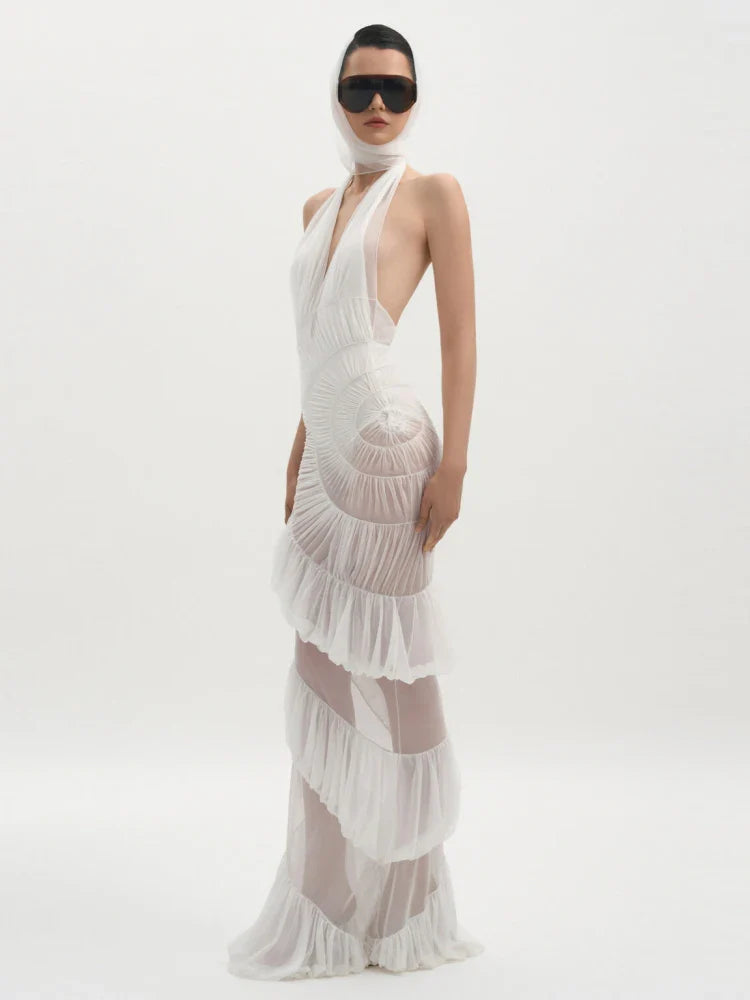 White Halter Ruffle Mesh Gown