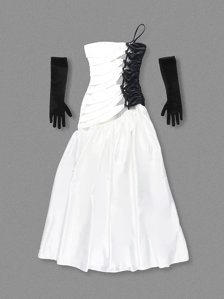 White Hollow Out Patchwork Maxi Dress & Gloves | One Shoulder Evening Gown