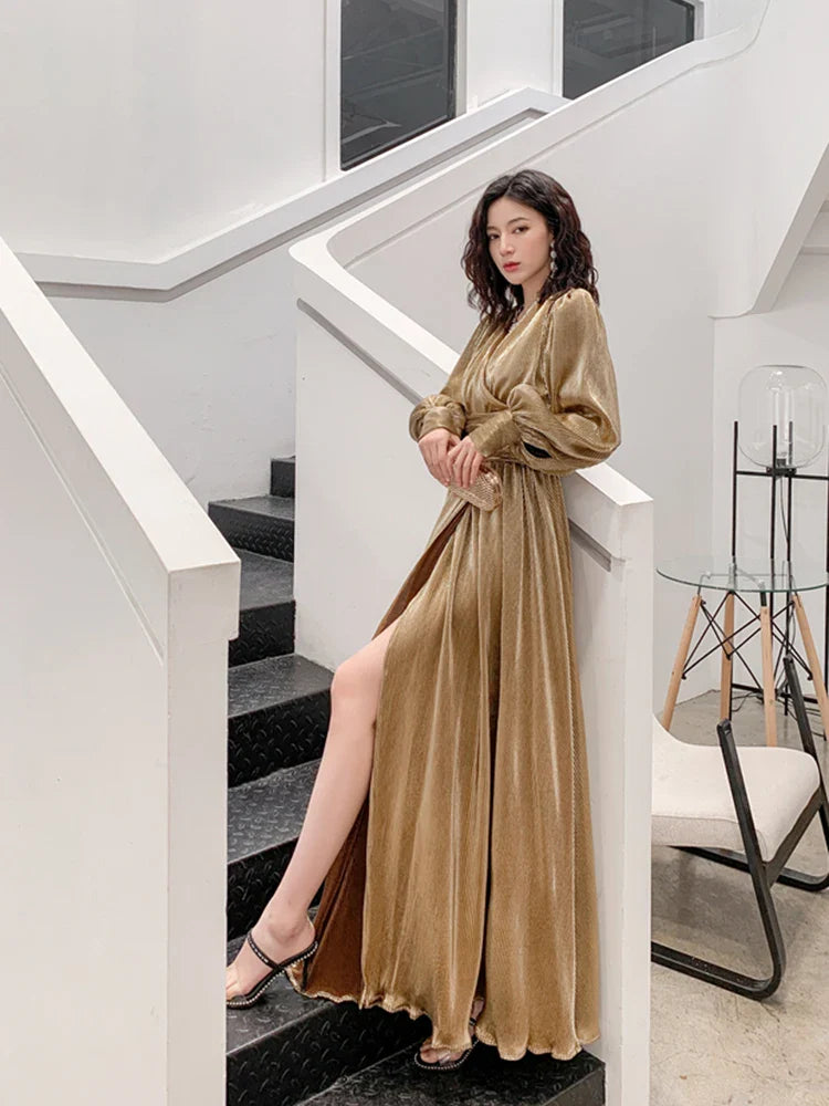 Gold Lantern Sleeve V-Neck Split Long Dress