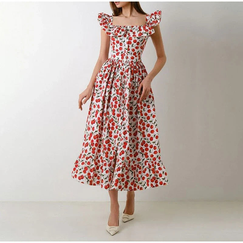 Elegant Ruffled Paisley Maxi Dress for Summer Soirees