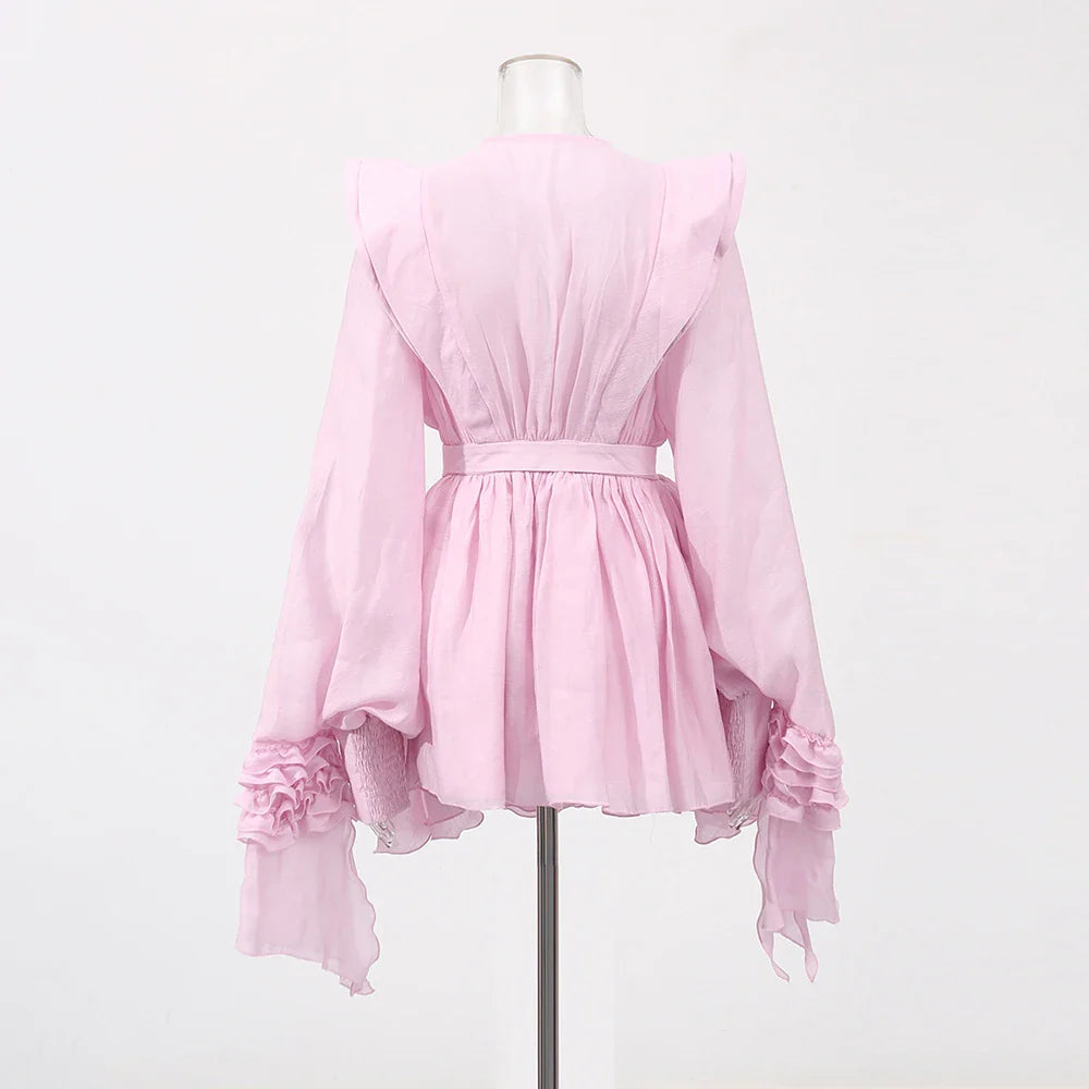 Ruffles Tie Up Front Slit  O-Neck Long Sleeve Mini Dress