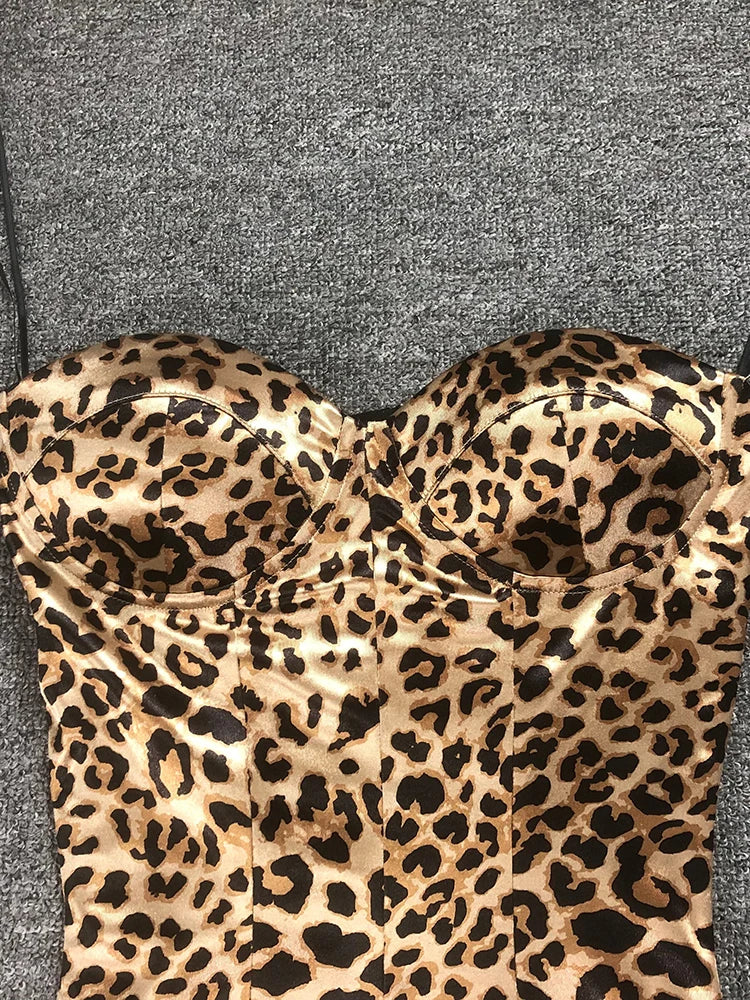 Satin Leopard Print Strapless Maxi Dress
