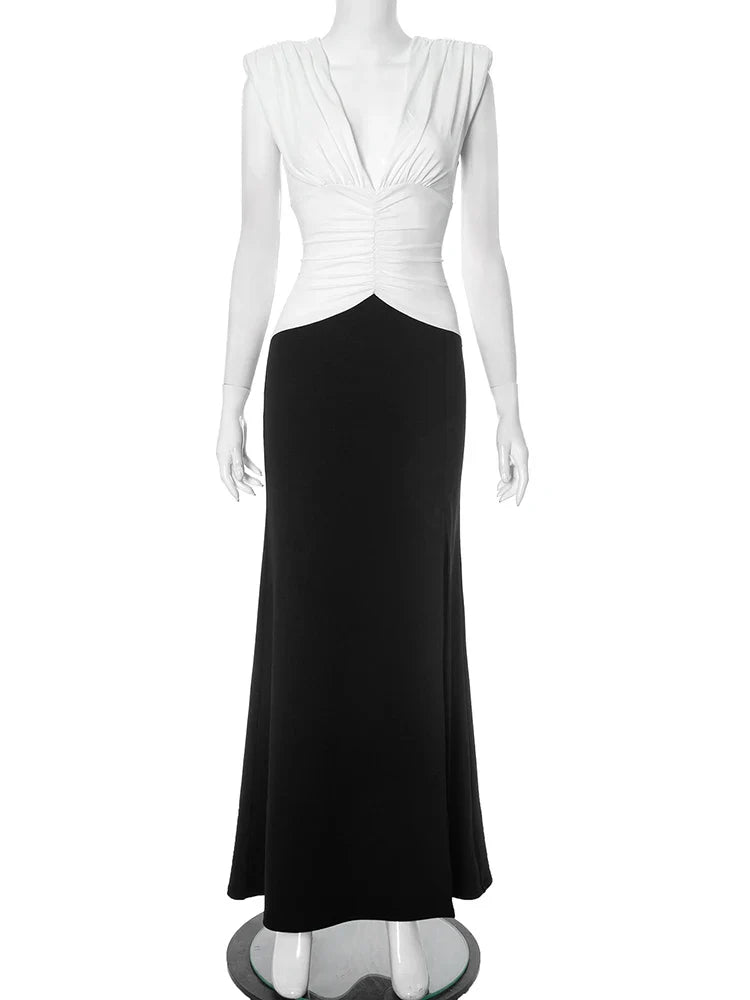 Two Tone V-Neck Maxi Dress | Sculpted Folded Evening Gown