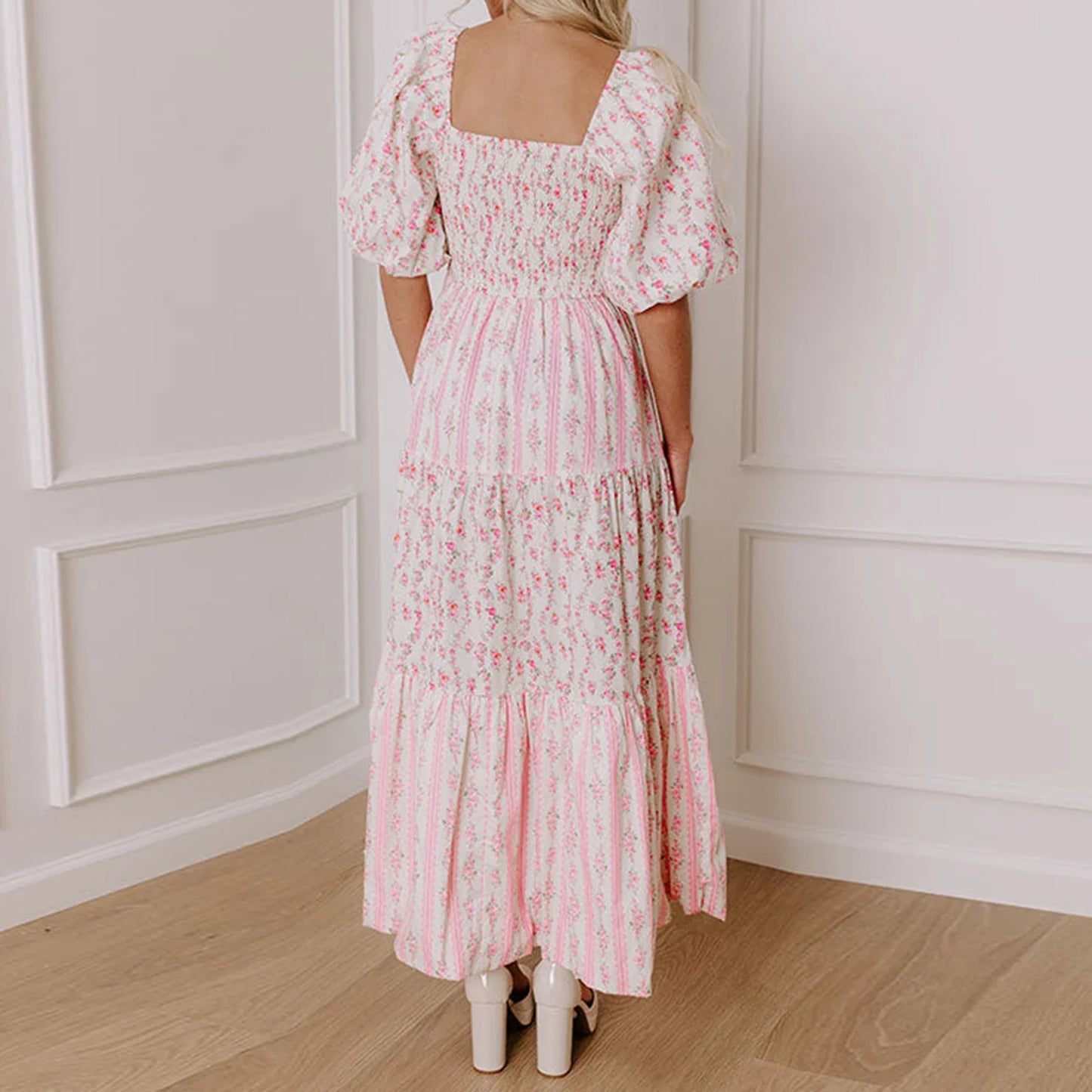 Charming Floral Print Square Collar Puff Sleeve Maxi Dress