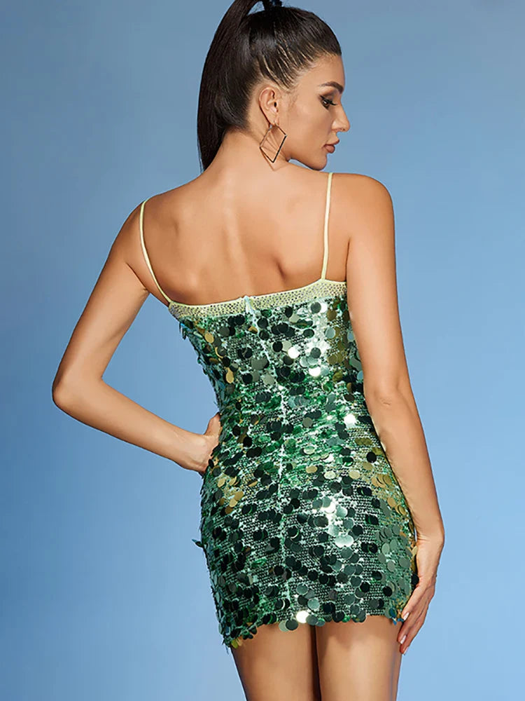 Green Spaghetti Strap Sequin Mini Dress | Slim Party Gown