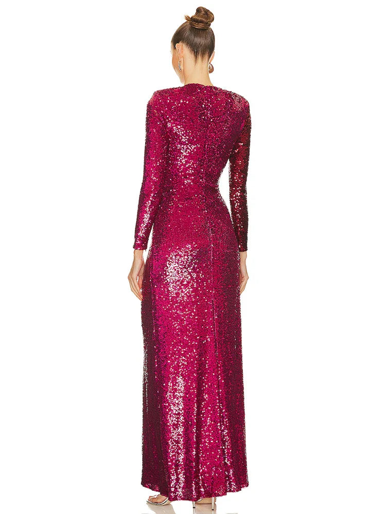 Burgundy Sequin High Split Long Dress