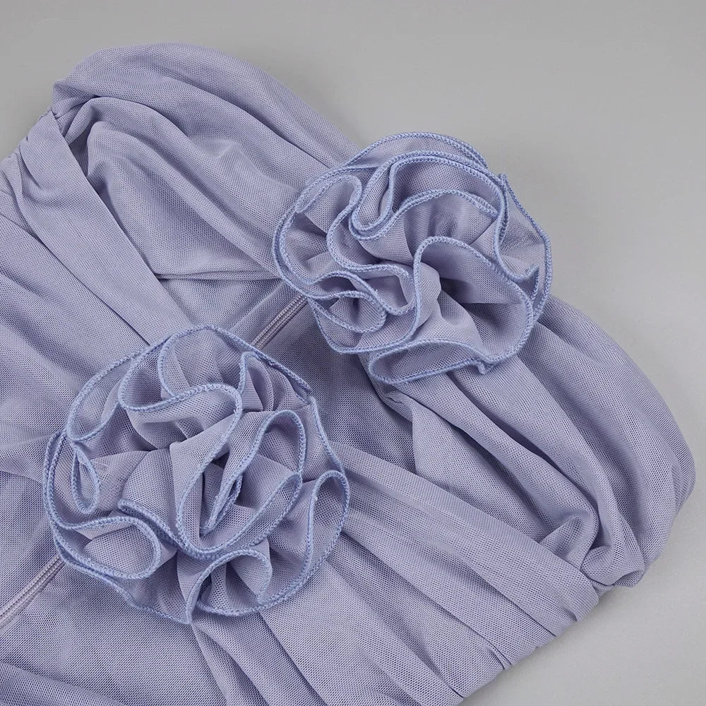 Lavender Strapless Floral Midi Dress | Ruched Ruffle A-Line Gown