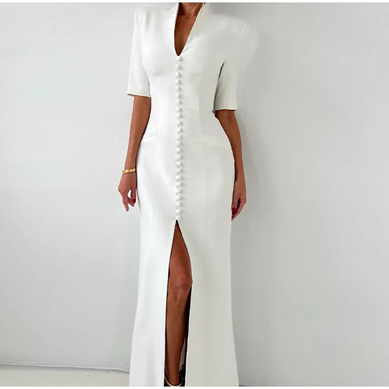 Chic  V-Neck Fishtail Dress – Shoulder Pad Slit Evening Gown