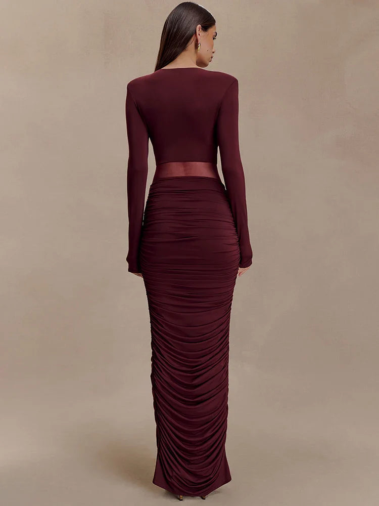 Deep V Neck Long Sleeve Cut Out Maxi Dress