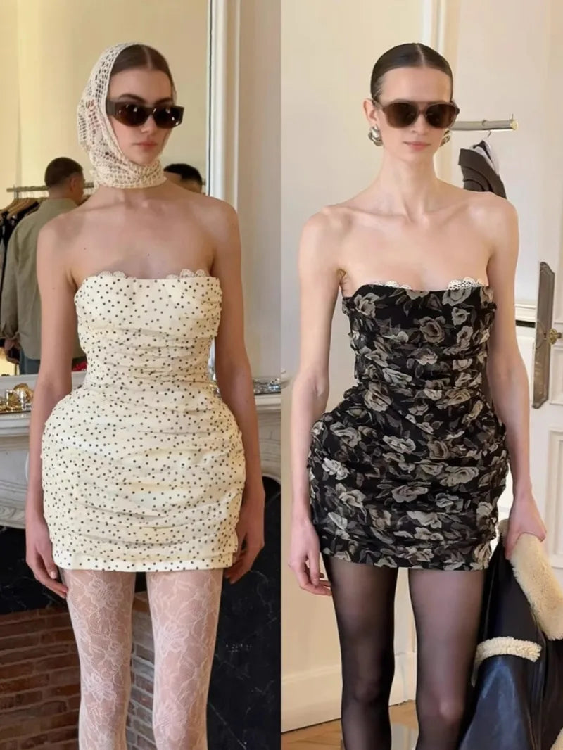 Black & Apricot Floral Print Strapless Mini Dress