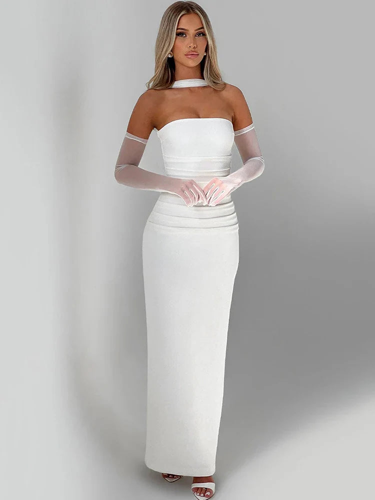 Scarf Collar Strapless Maxi Dress - Backless Bodycon Club & Party