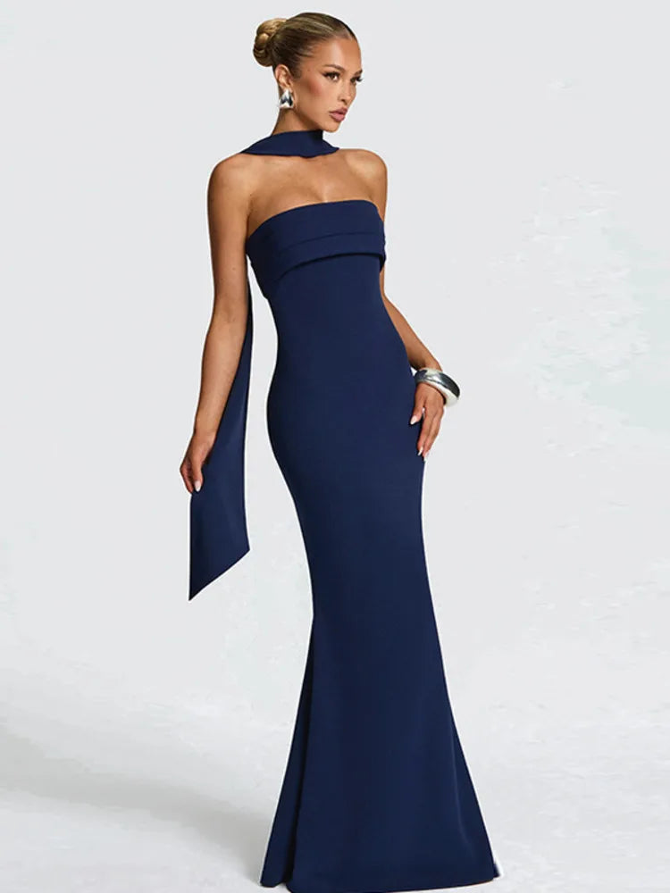 Strapless Maxi Dress with Sculpted Scarf Collar