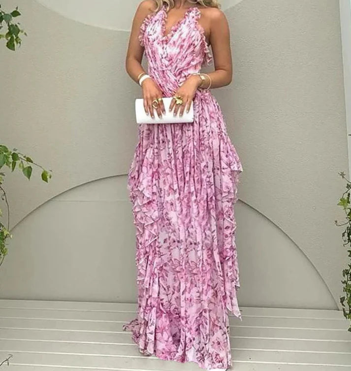 Pink Floral Halter Backless Long Dress – Elegant Summer Beach Evening Look