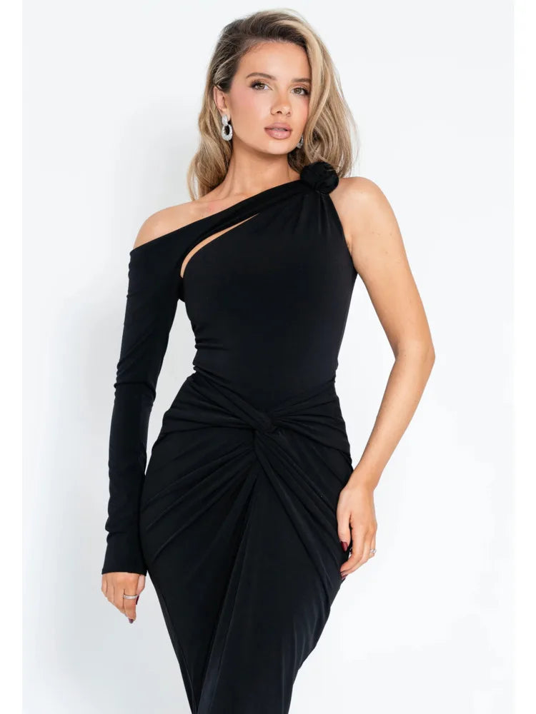 One-Shoulder 3D Flower Cut-Out Maxi Dress