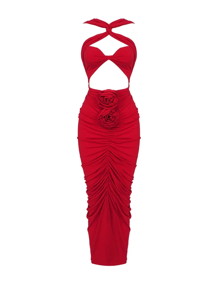 Red Cut-Out Bodycon Midi Dress with Ruched Flower Detail