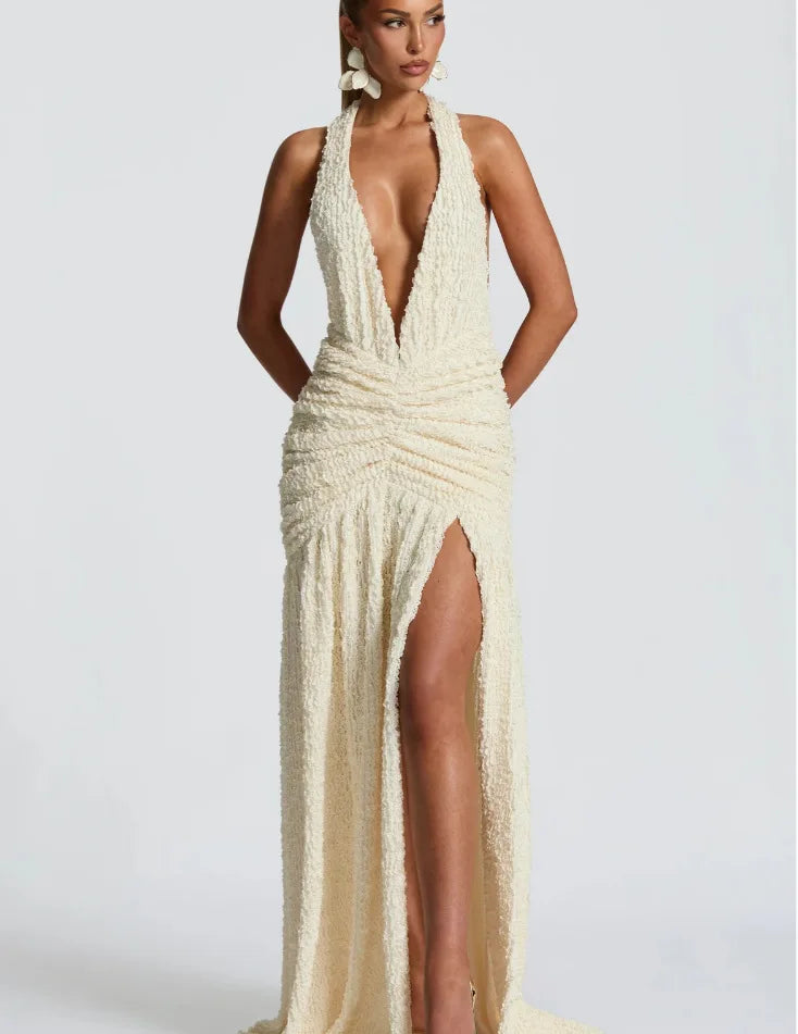 Textured Pleated Deep Halter Neck Maxi Dress