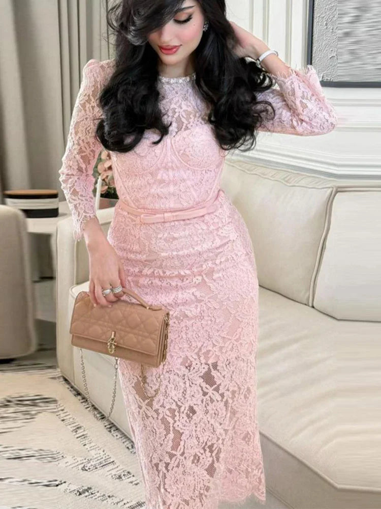 Pink Lace Long Sleeve Rhinestone Neck Bustier Midi Dress