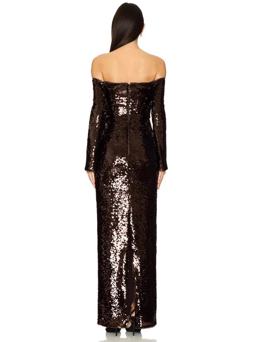 Brown Sequin Slash-Neck Sleeveless Maxi Dress