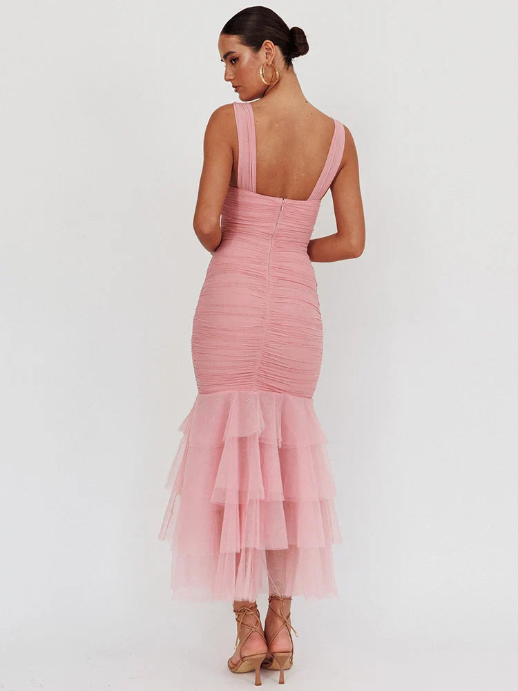 Thick Strap Mesh Hem Mermaid Style Midi Dress