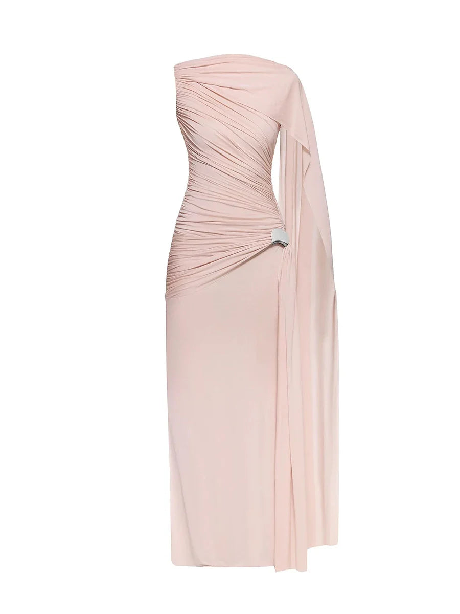 Pleated One-Shoulder Cape Maxi Dress with Round Neck