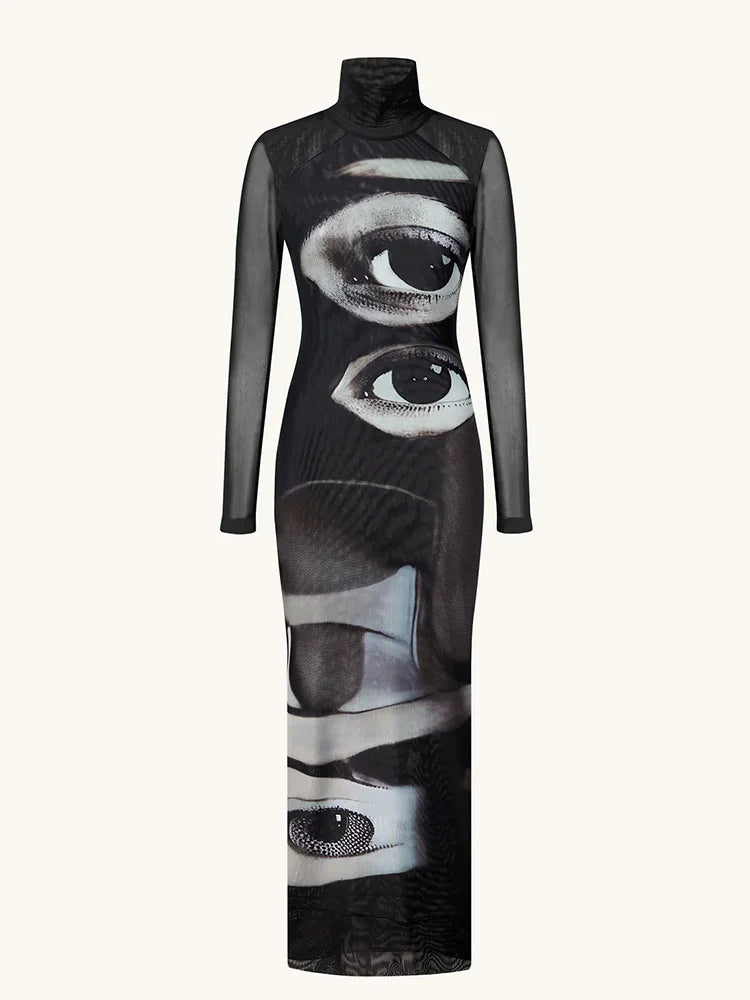 Printed Turtleneck Sheath Maxi Dress with Full Sleeves
