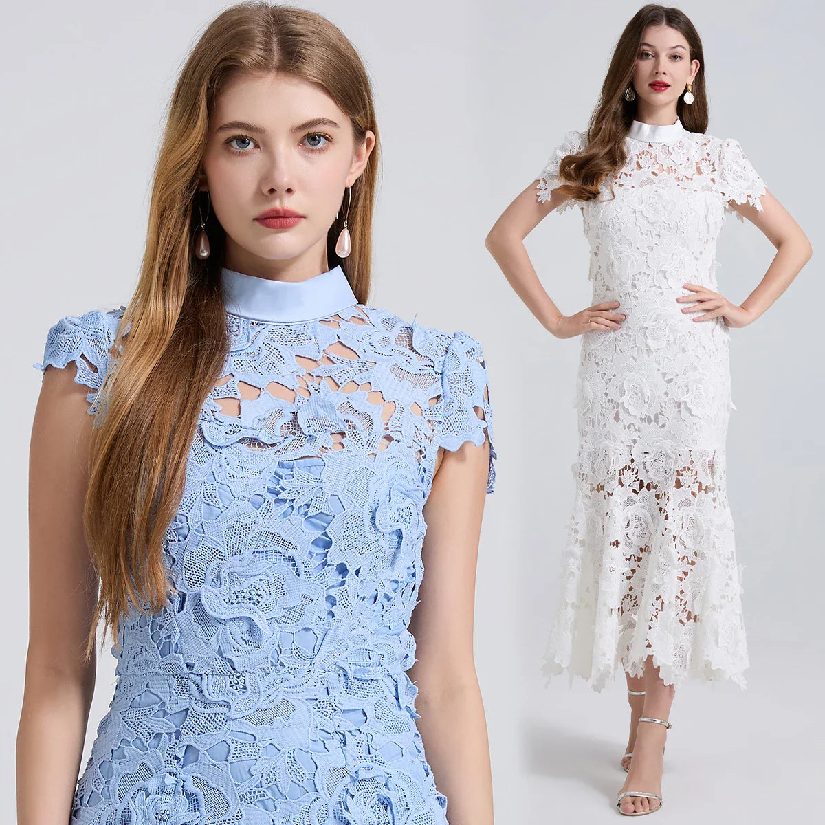 Embroidered Lace Mermaid Dress – Elegant Formal Fishtail Gown with Short Sleeves