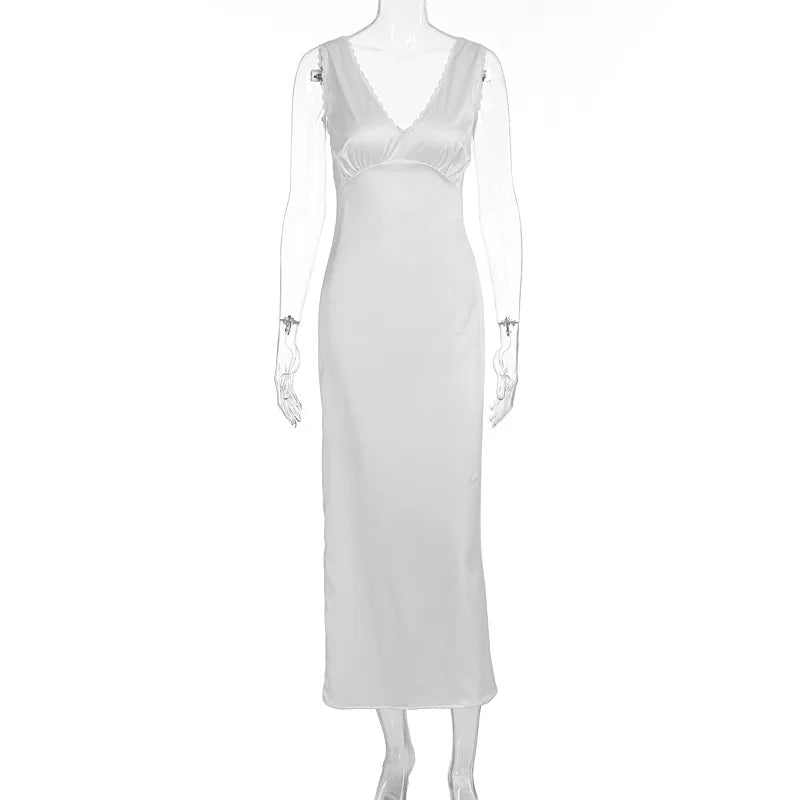 White Satin V-Neck Slip Dress | Draped Ankle-Length Gown