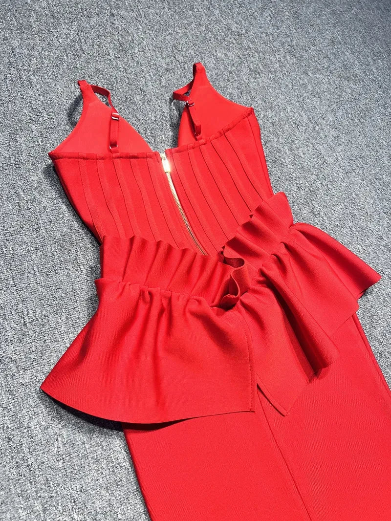 Red Ruffles V-Neck Maxi Bodycon Dress - Elegant Evening & Party Outfit