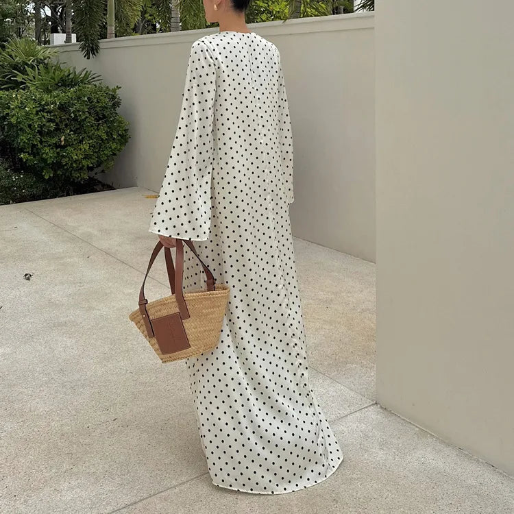 White Polka Dot Bow V-Neck Maxi Dress