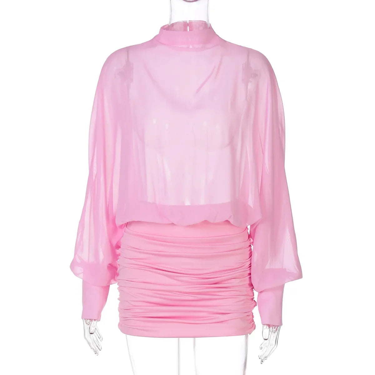 Pink ruched dress on a mannequin with a white background