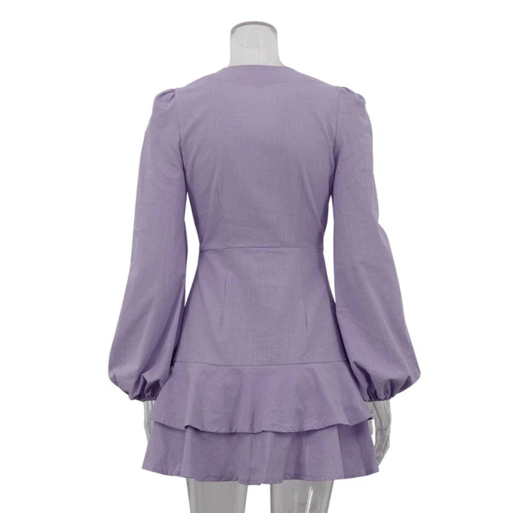 Purple A-Line Mini Dress | V-Neck Long Sleeve Women's Office Wear