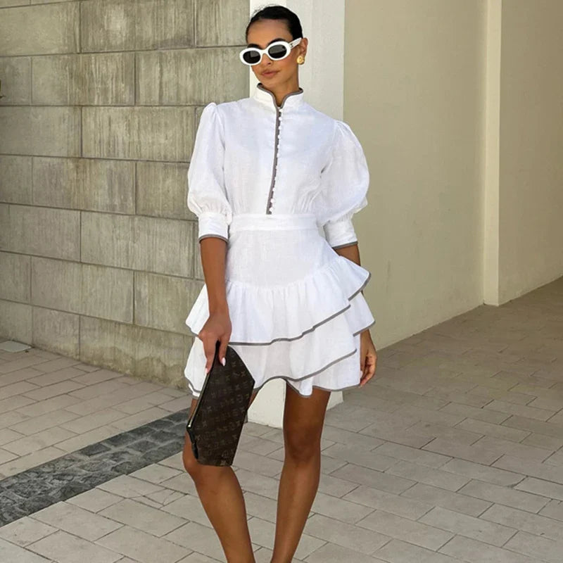 White Stand Collar Puff Sleeve Mini Shirt Dress | High Waist A-Line Office Lady