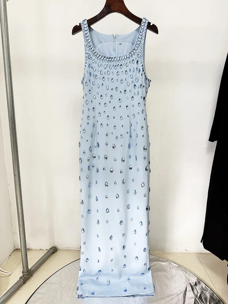 Light Blue Beaded Sleeveless A-Line Maxi Dress