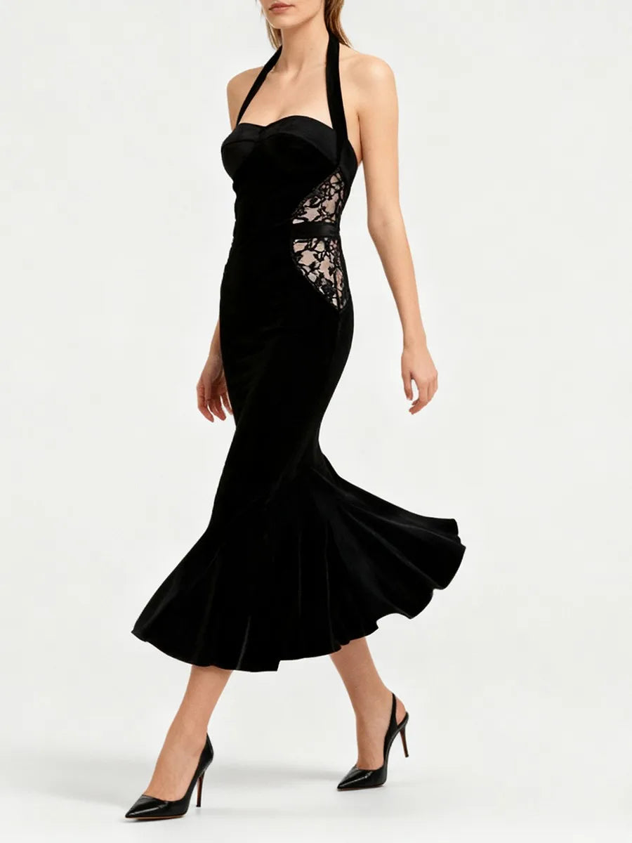 Black Mermaid Midi Dress with Side Lace Trim
