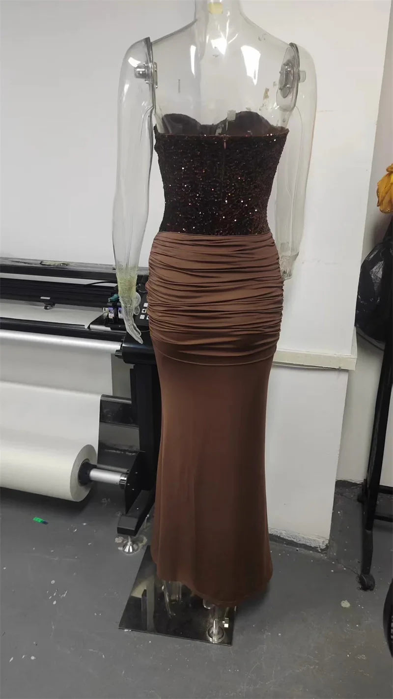 Sequin Strapless Draped Waist Evening Gown