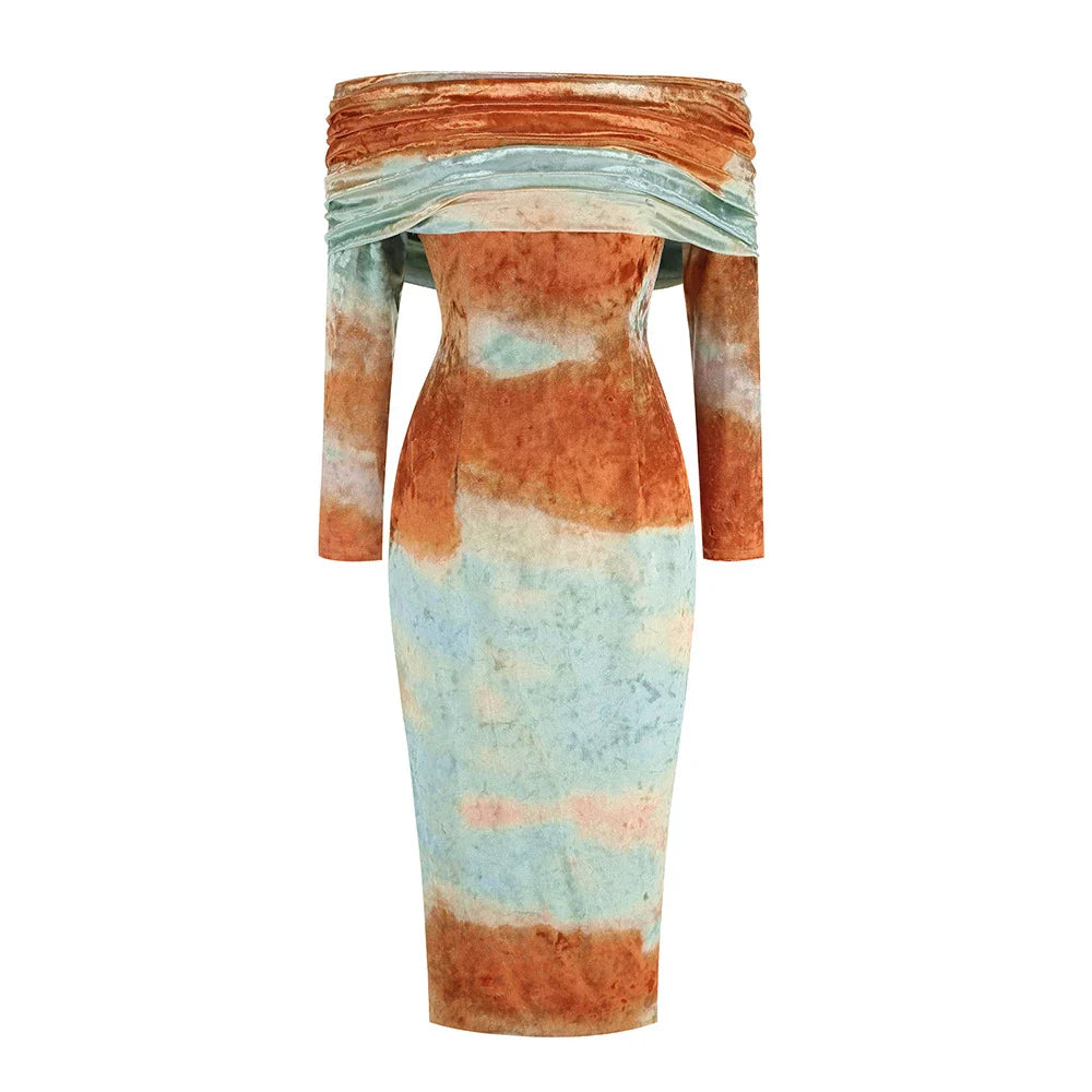 Blue Gradient Tie Dye Off Shoulder Midi Dress | Party Elegance