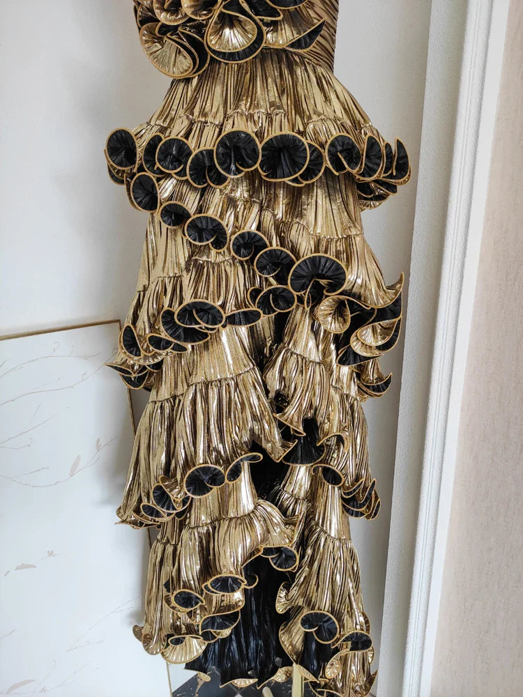 Metallic Tiered Halter Maxi Dress with Frill Layers