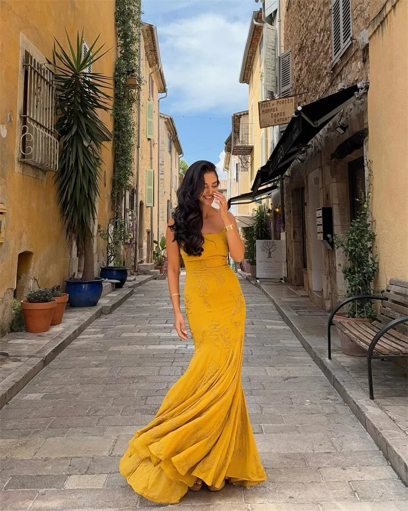Mustard Beaded Spaghetti Strap Backless Maxi Dress – Elegant