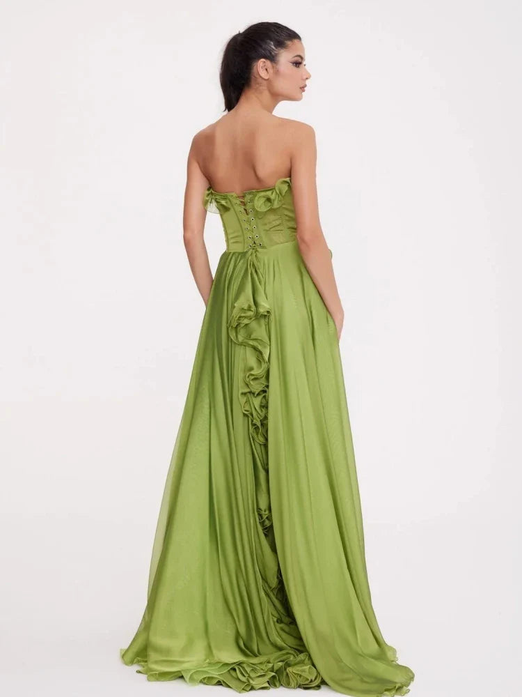 Strapless Ruffle Maxi Dress | Women’s Lace-Up Split Floor-Length Evening Gown