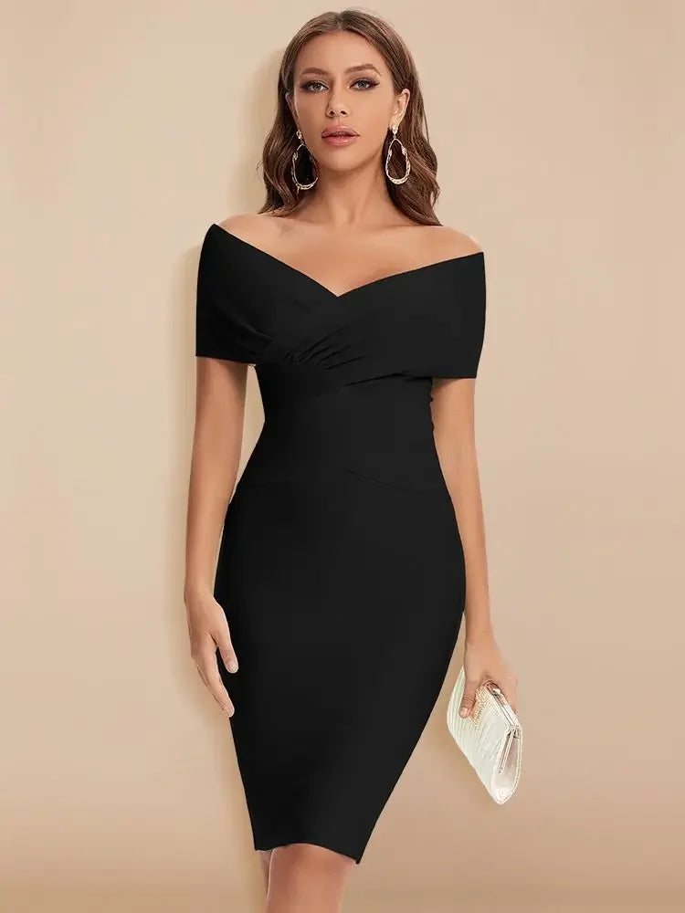 Woman wearing a black off-shoulder dress against a beige background
