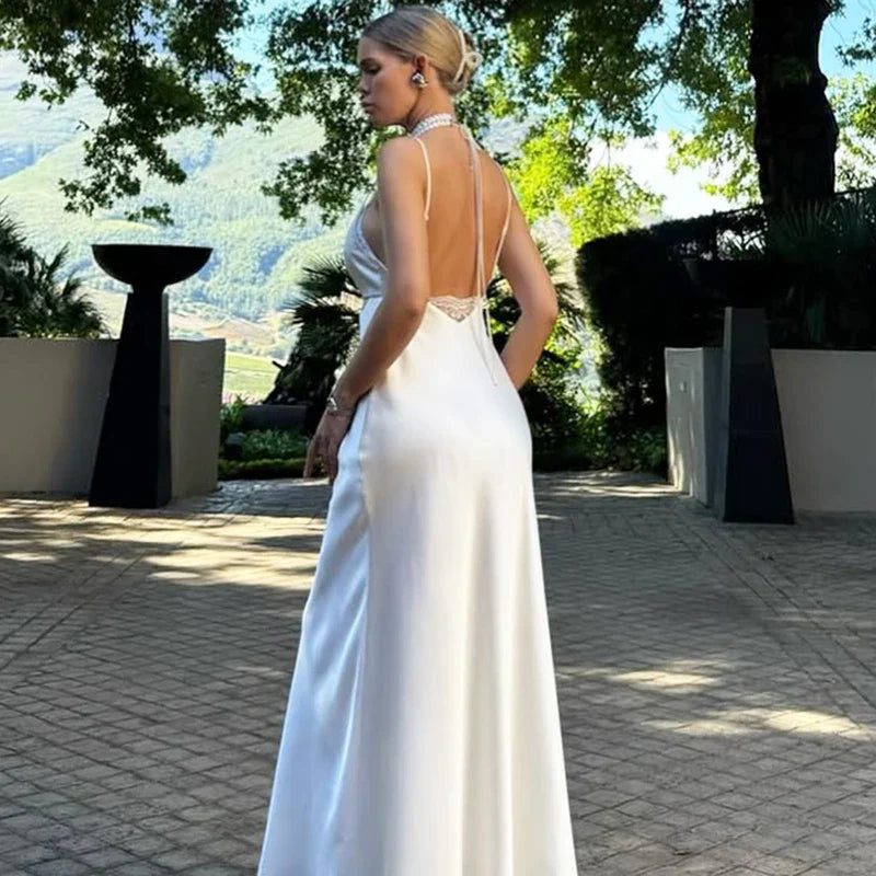 White Lace Backless Maxi Dress | High Waist Sling Evening Gown