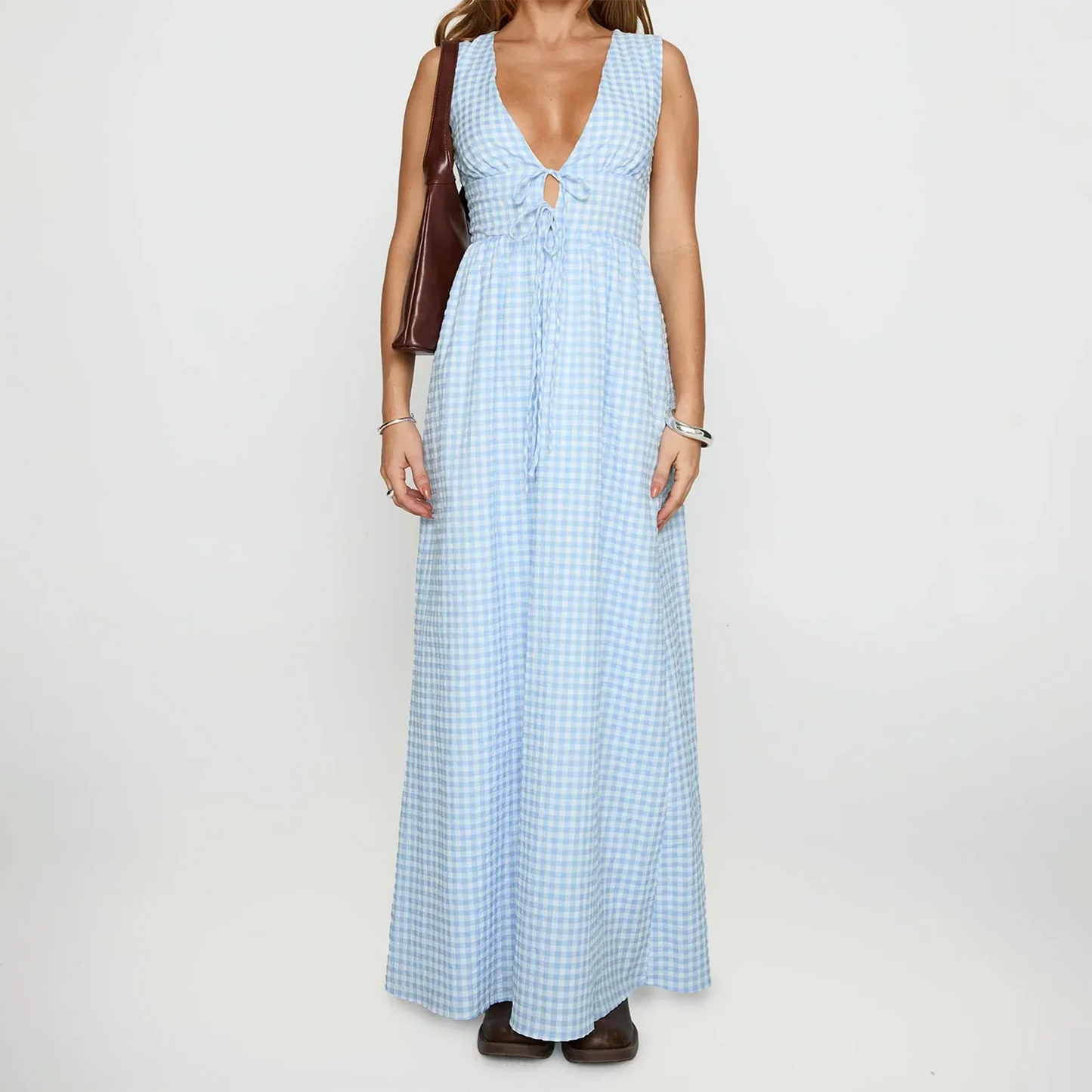 Summer Stripe/Plaid Mini Tank Dress with Tie-up V-Neck