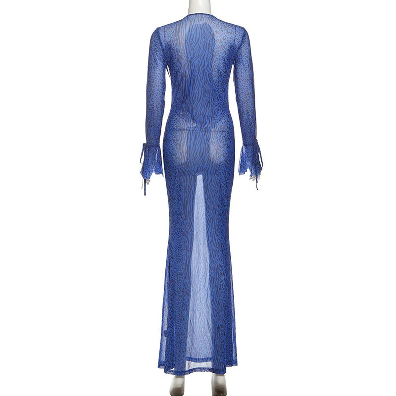 Blue Leopard Mesh Maxi Dress | Deep Cowl Night Out Gown