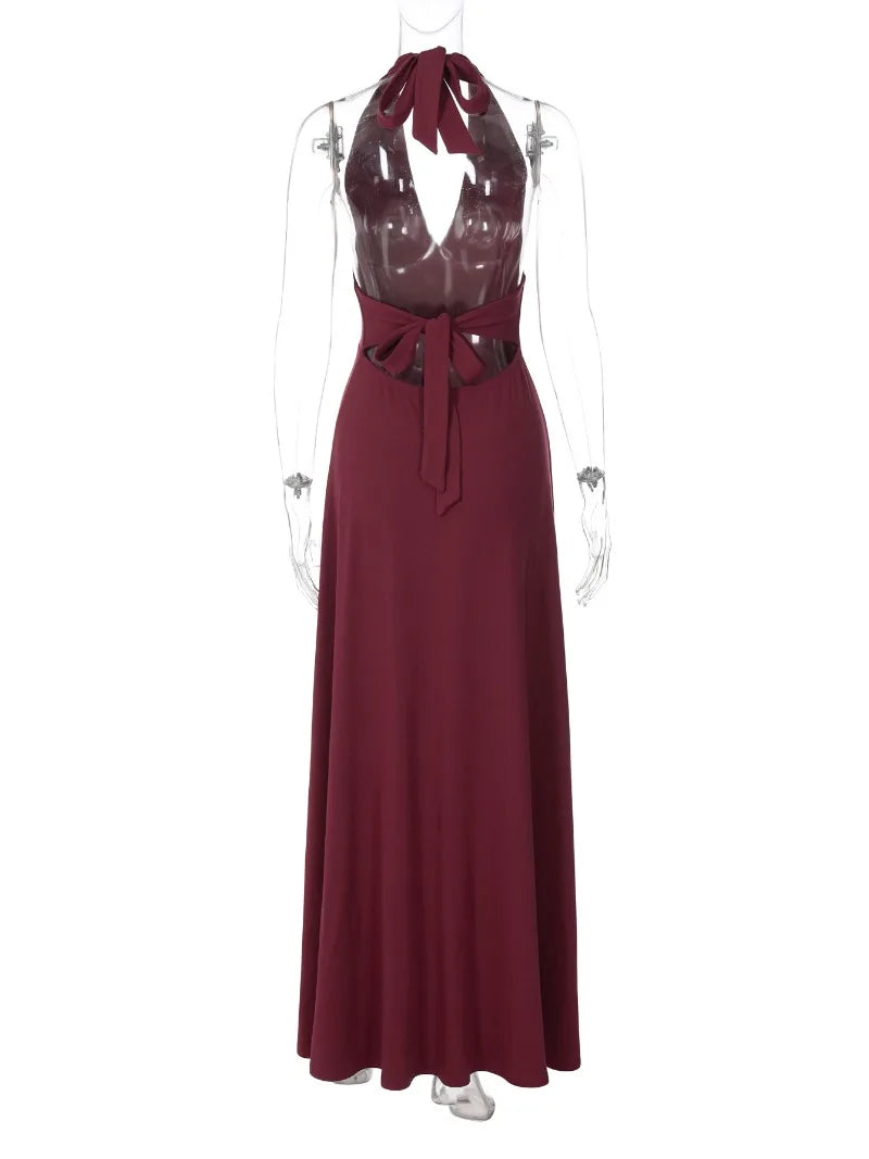 Burgundy Halter Backless Gown | Ankle-Length Party Elegance