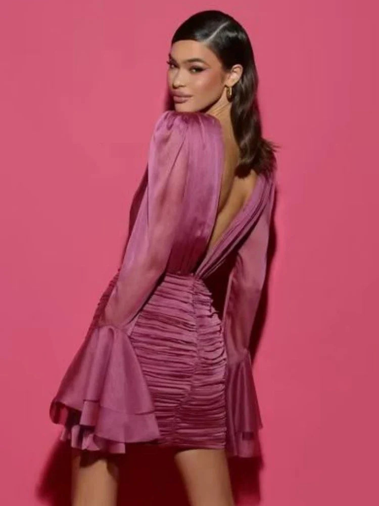 Satin Deep V Neck Mini Dress with Flared Sleeves