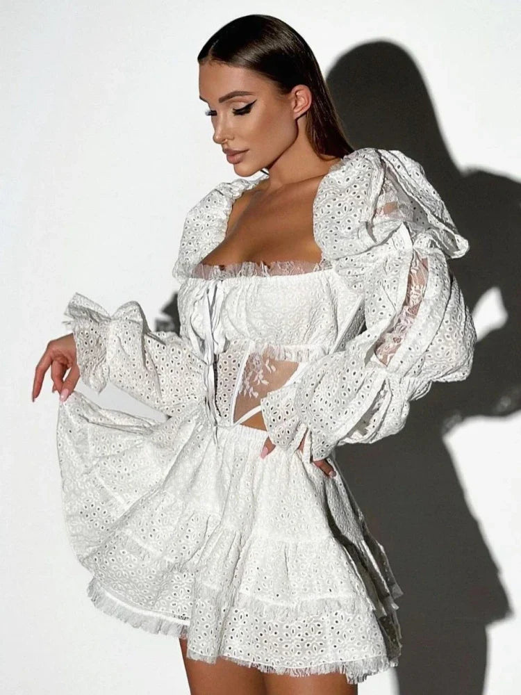 Lace-Up Crop Top & A-Line Mini Skirt Set – Square Neck Party Co-ord for Women