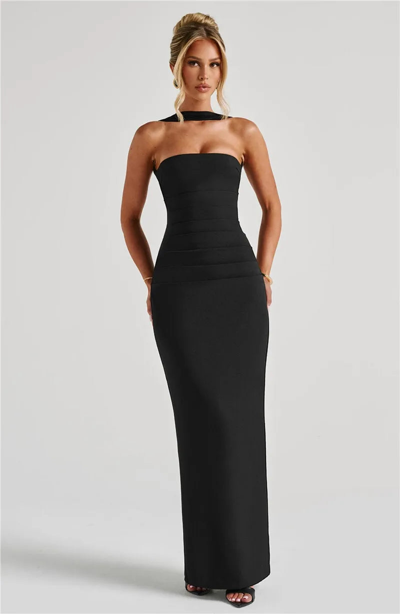 Scarf Collar Strapless Maxi Dress - Backless Bodycon Club & Party